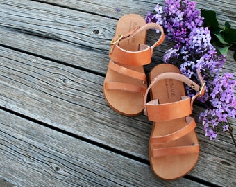 Sandals children made in Greece from Genuine leather~ Natural tanned from brown leather and rubber sole make lightweight shoes for kids