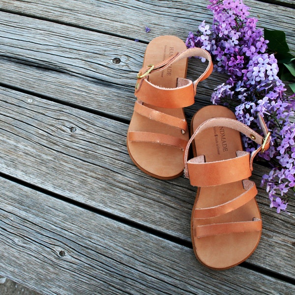 Sandals children made in Greece from Genuine leather~ Natural tanned from brown leather and rubber sole make lightweight shoes for kids