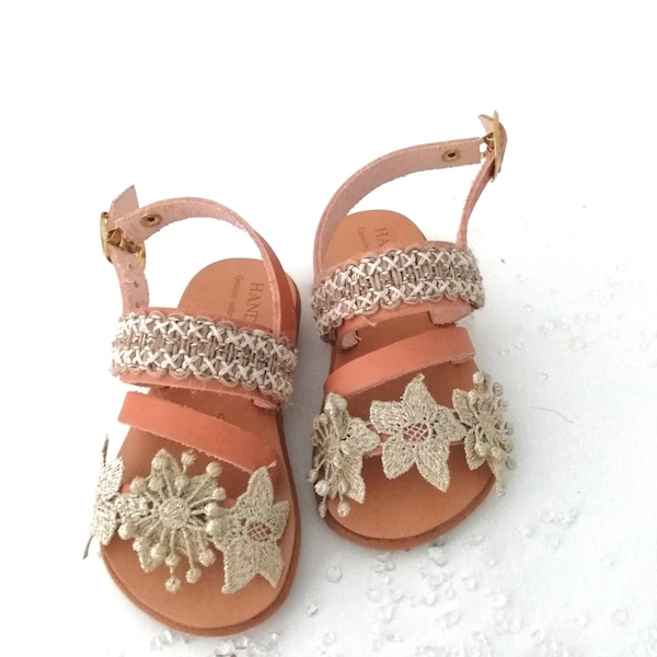 Baptism sandals, Shoes for toddler, Toddler girl sandals, Brown leather and lace Sandals, Barefoot sandals, Handmade Sandals baby girl shoes
