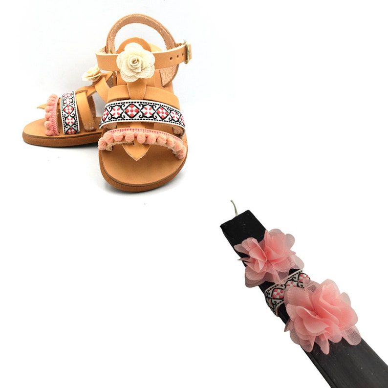 Greek Easter Lampada for Young Girl with leather sandals, Handmade sandals for girl, Gift for goddaughter, Easter gift for girls image 6