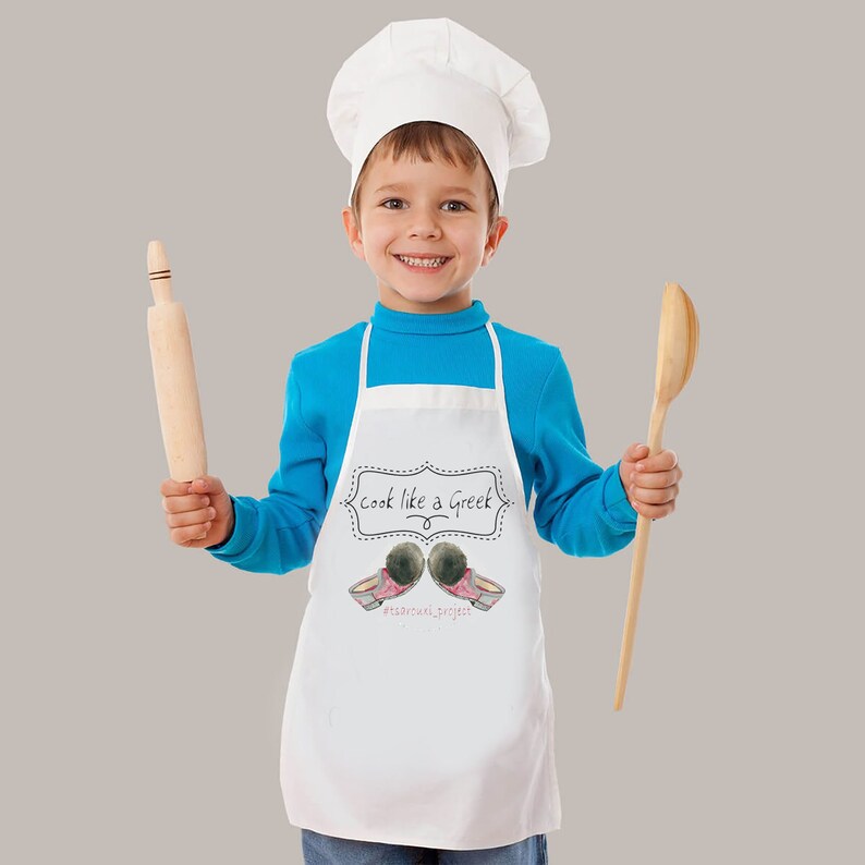 Kids apron personalized made in Greece, TSAROUCHI design on kids apron, Cook like a Greek saying on apron for kids, Greek cuisine lovers image 2