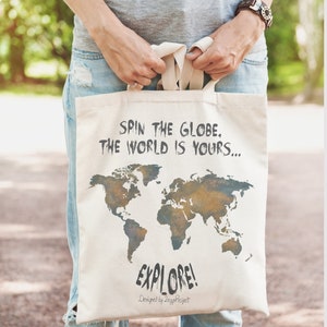 World map tote bag, tote bag canvas quote, gift for travel lover, explore the world, cotton bag tote, traveler gift, travel map of the world image 5