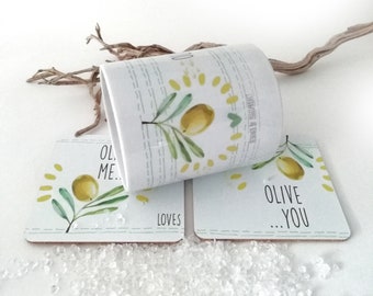 Olive me loves olive you mug and coaster set of 3, Greek olive oil gift, Olive mug rug for her, 11oz Mug designs with Coasters set white