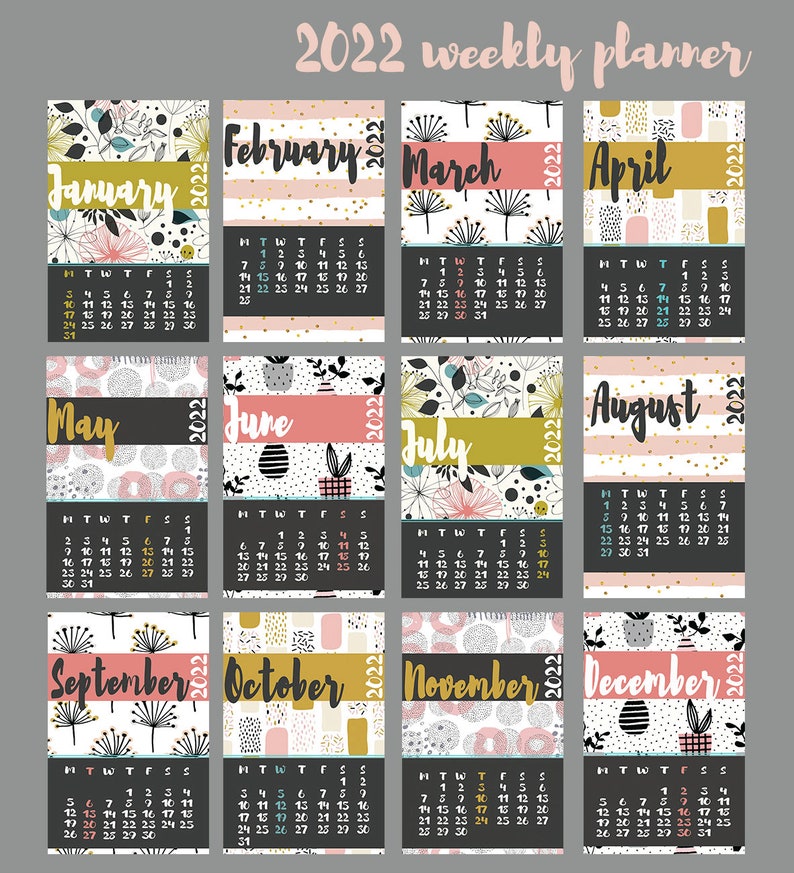 2022 monthly planner Date calendar with flower cards in pink makes cute planner monthly tabs. Instant download wall calendar image 7