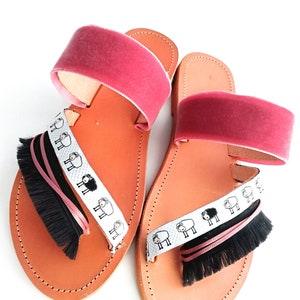 Flat Sandals Leather Handmade decorated sandals with black sheep ribbon and pink velvet. image 3