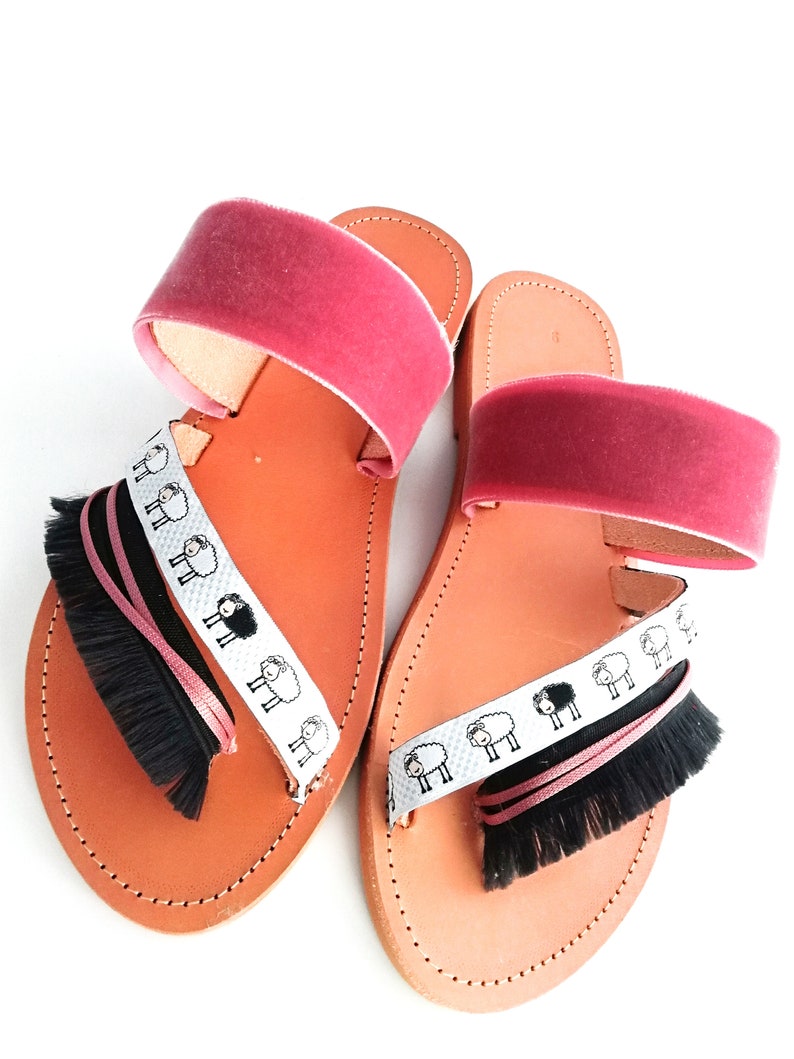 Flat Sandals Leather Handmade decorated sandals with black sheep ribbon and pink velvet. image 3