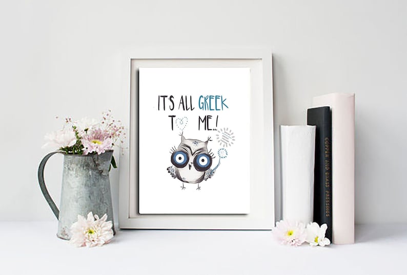 It's all Greek to me printable, Owl graphic design downloadable, Instant download Greek poster, Greek letters print, Made in Greece image 1