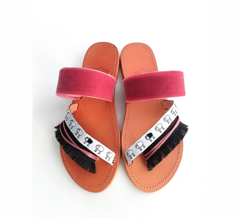 Flat Sandals Leather Handmade decorated sandals with black sheep ribbon and pink velvet. image 1