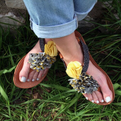 Sandals For Women, Playful Handmade Leather Sandals, Sandals For The shops Beach, Flat Sandal Lace, Yellow Flowers, Summer Beach Sandals