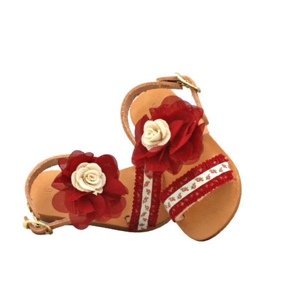 Boho Flower Girl Shoes Made in Greece Leather Sandals With Red