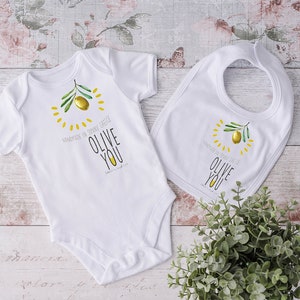 Olive you loves olive me baby set, Set of baby bodysuit and baby bib, Hand drawn baby clothes, Made in Greece, Olive design Greek. image 1