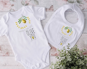 Olive you loves olive me baby set, Set of baby bodysuit and baby bib, Hand drawn baby clothes, Made in Greece, Olive design Greek.