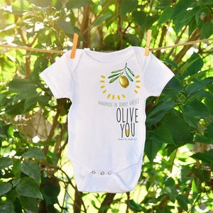 Olive you loves olive me baby set, Set of baby bodysuit and baby bib, Hand drawn baby clothes, Made in Greece, Olive design Greek. image 6