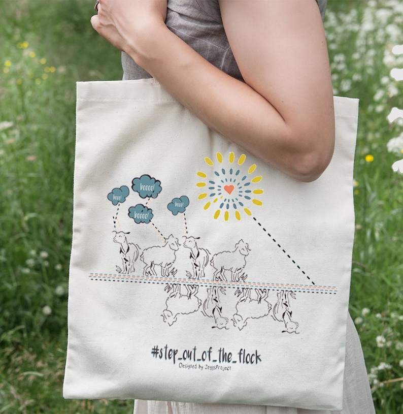 Greek nature tote bag, Animal shoulder bag made in Greece, Sheep painting tote bag canvas. Step out of the flock quote. image 1