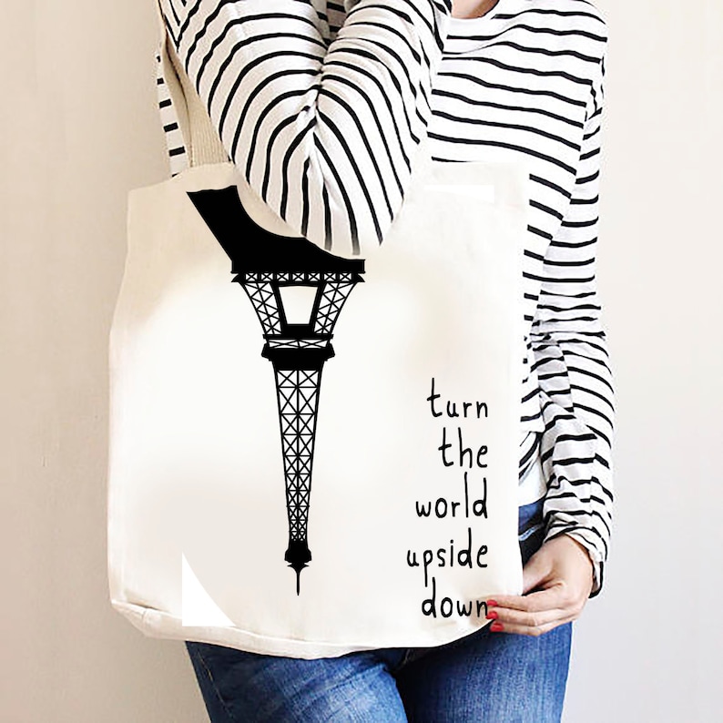 tote bag canvas, Adventure print, Eiffel tower, travel bag, traveler gifts, bag for walker,black and white, shoulder bag, paris theme party image 1