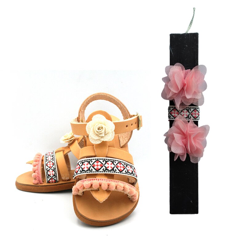 Greek Easter Lampada for Young Girl with leather sandals, Handmade sandals for girl, Gift for goddaughter, Easter gift for girls image 5