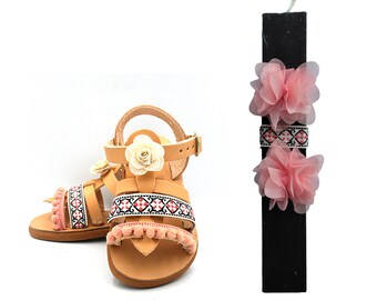 Greek Easter Lampada for Young Girl with leather sandals, Handmade sandals for girl, Gift for goddaughter, Easter gift for girls