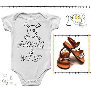 Gift for baby boy Bodysuit with quote Young & wild and handmade sandals made in Greece make hipster baby boy coming home outfit image 1