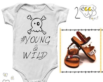 Gift for baby boy - Bodysuit with quote – “Young & wild” and handmade sandals made in Greece make hipster baby boy coming home outfit