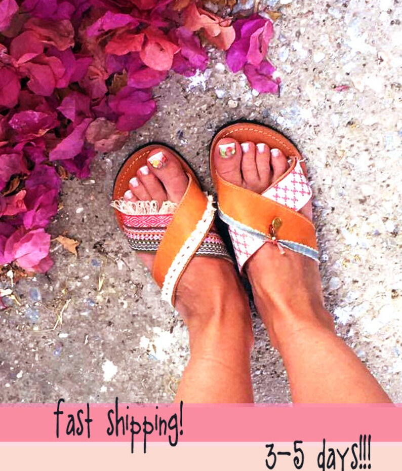 Slide sandals women boho  Brown leather sandals boheme make image 1