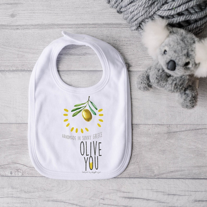 Olive you loves olive me baby set, Set of baby bodysuit and baby bib, Hand drawn baby clothes, Made in Greece, Olive design Greek. image 8