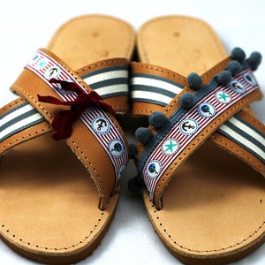 Greek sandals flat Leather sandals decorated with navy garland make cute shoes pom pom gift for summer lover. Perfect beach shoes for mom image 3