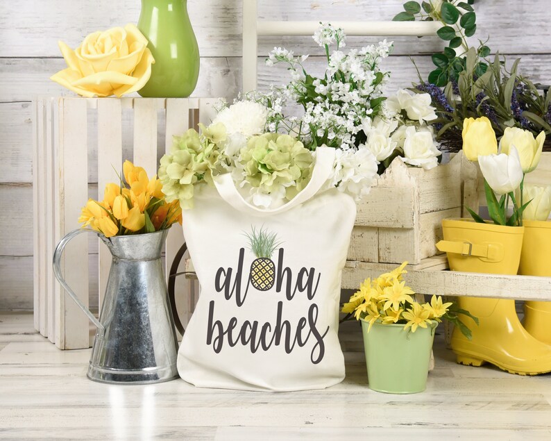 Hawaii tote Funny tote bag with quote Aloha beaches and pineapple graphic makes hippie tote bag gift for women. Pineapple gifts for mom image 1