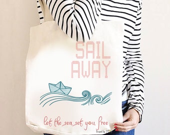 Beach tote bags for women– Canvas print tote bag with paper boat and quote “Sail away” makes nice summer bag gift for girls. Woman gift idea