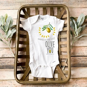 Olive you loves olive me baby set, Set of baby bodysuit and baby bib, Hand drawn baby clothes, Made in Greece, Olive design Greek. image 2