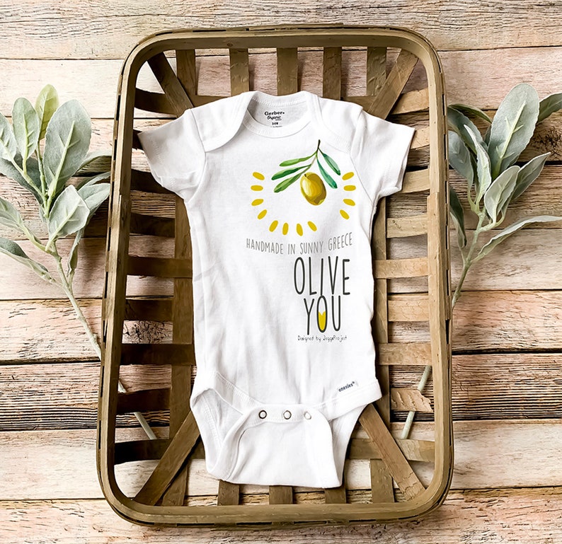 Olive you loves olive me baby set, Set of baby bodysuit and baby bib, Hand drawn baby clothes, Made in Greece, Olive design Greek. image 2