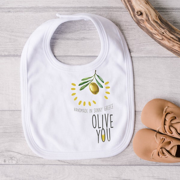 Bavoir Olive you baby, Bavoir bébé nouveau-né, Bavoir bébé fabriqué en Grèce, Olive you loves olive me, Olive graphic design