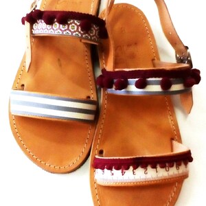 Leather sandals handmade Slip on shoes decorated with pom image 5