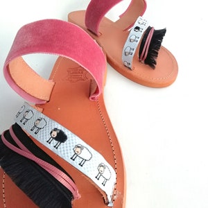 Flat Sandals Leather Handmade decorated sandals with black sheep ribbon and pink velvet. image 5