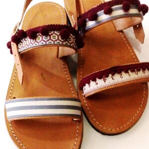 Leather sandals handmade Slip on shoes decorated with pom image 3