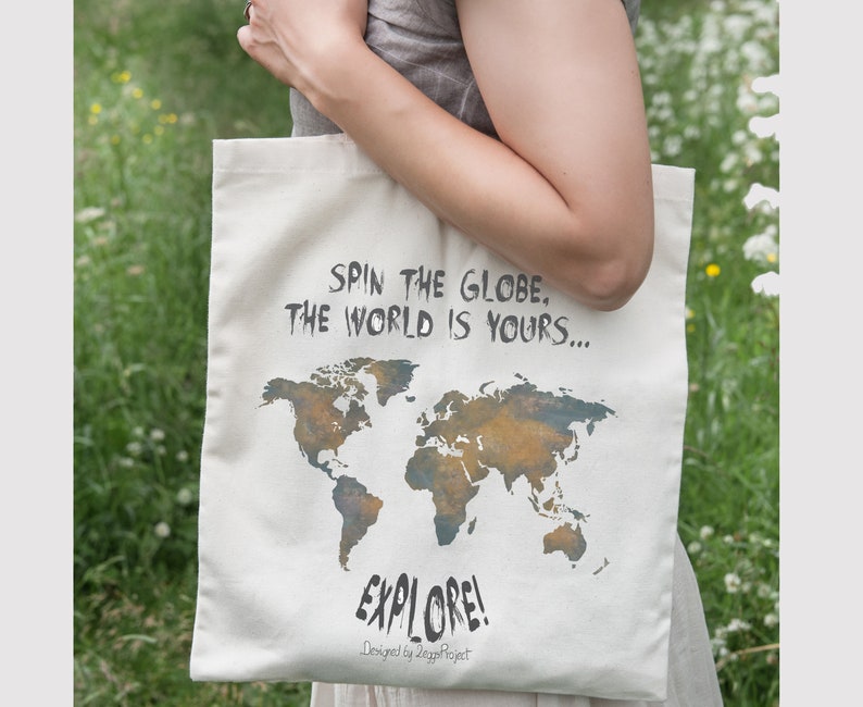 World map tote bag, tote bag canvas quote, gift for travel lover, explore the world, cotton bag tote, traveler gift, travel map of the world image 1