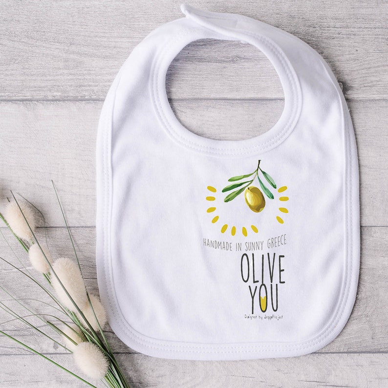 Olive you loves olive me baby set, Set of baby bodysuit and baby bib, Hand drawn baby clothes, Made in Greece, Olive design Greek. image 4