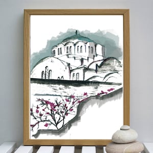 Santorini watercolor, Architecture poster, Santorini GREECE painting, Architectural print, home decor rustic, island decor, Blue and white