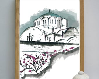 Santorini watercolor, Architecture poster, Santorini GREECE painting, Architectural print, home decor rustic, island decor, Blue and white