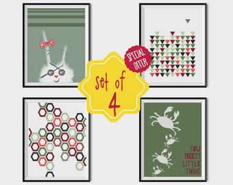 Set of 4 wall art, Nursery print set, Green print, Art for kids room, Green Orange prints, Animal art print, baby prints, baby wall art