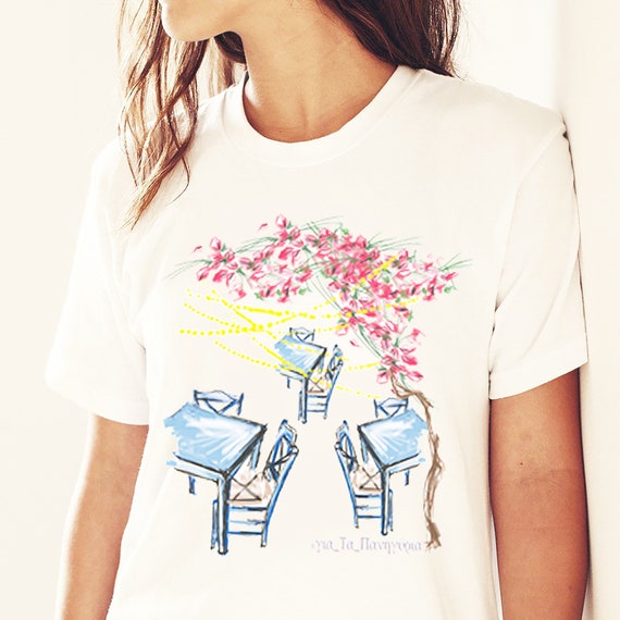 Greek Island T-shirt Voukamvilia Graphic Design on White Tee -