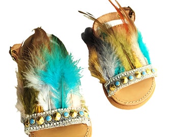 Leather sandals with colorful feathers for girl - Baby gladiator sandals made of leather for toddler girl made in Greece, ethnic sandals