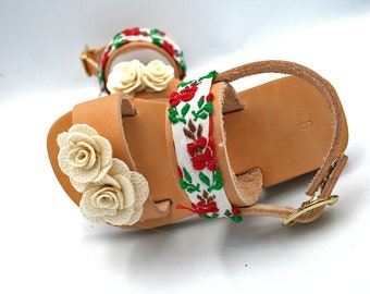 Flower Girl Sandals, Childrens Leather Sandals, Baby Sandals Genuine Leather Sandals Handmade in Greece, Baptism Gift, Gift for Baby Girl