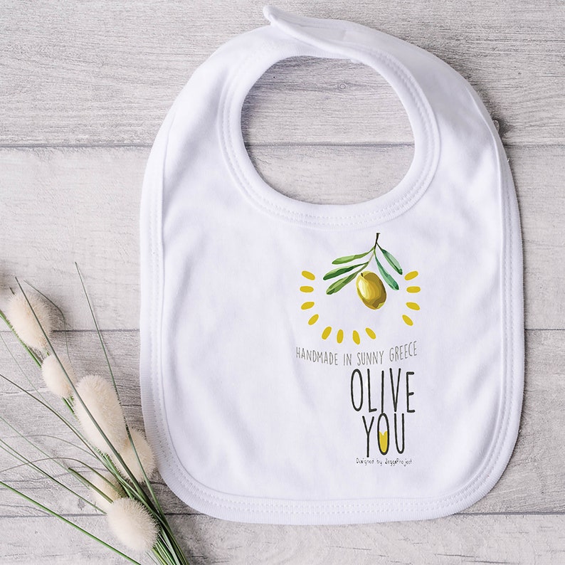 Olive you loves olive me baby set, Set of baby bodysuit and baby bib, Hand drawn baby clothes, Made in Greece, Olive design Greek. image 10