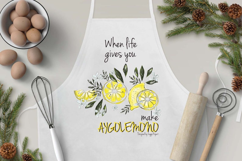 When life gives you lemons apron/ Greek souvenir/ AYGOLEMONO/ Greek cuisine apron/ Made in Greece. image 1