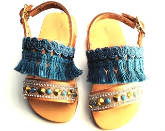 Boho sandals, Girls sandals, Bohemian kid, Summer shoes, Leather sandals, Kids sandals, Made in Greece, Sandals girls, Blue ribbon