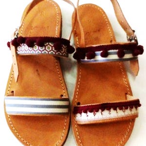 Leather sandals handmade Slip on shoes decorated with pom image 4