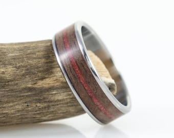 Titanium & Walnut, Red Coral Ring, titanium ring, wooden ring, wedding, bentwood