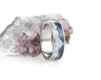 Titanium & Mountains, Pearl - Blue Goldstone, wedding ring, anniversary, gift, for her