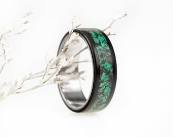 Titanium & Ebony Wood, Malachite, Black Tourmaline, wedding ring, anniversary, gift, band