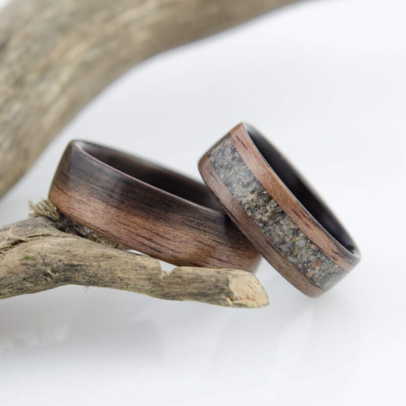 Ebony makassar and Baltic sand wooden rings, set, bentwood rings, wedding rings image 1